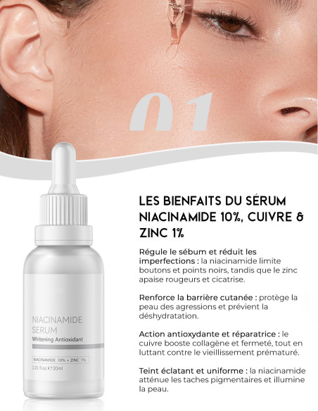 Sérum Niacinamide 10%, Cuivre & Zinc - Peau Pure et Éclatante