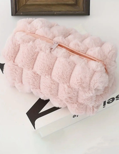 Trousse de Maquillage en Fausse Fourrure – Rose, Blanche et Verte