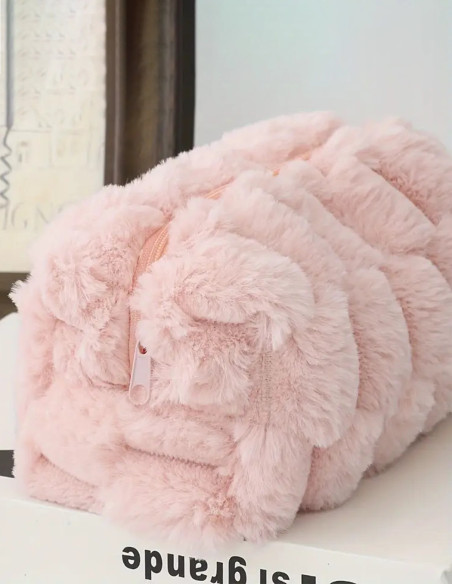 Trousse de Maquillage en Fausse Fourrure – Rose, Blanche et Verte