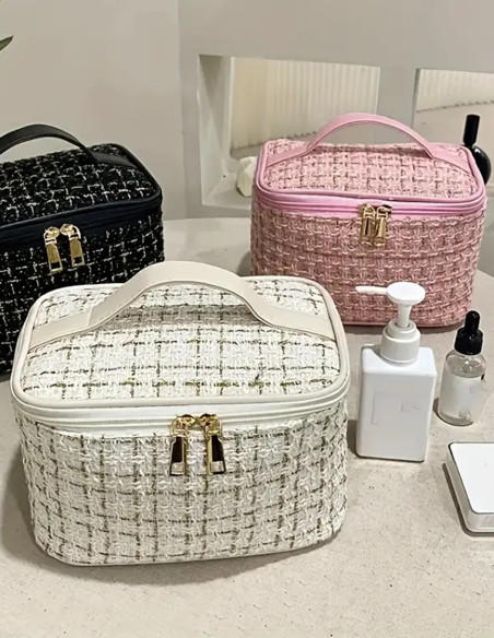 Trousse de Toilette Grande Capacité en Tweed – Élégante et Pratique