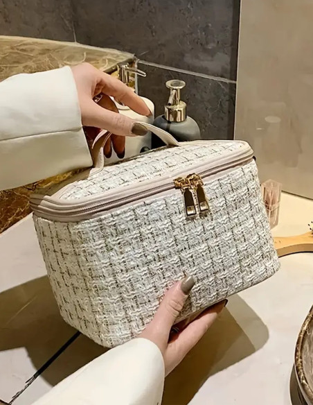 Trousse de Toilette Grande Capacité en Tweed – Élégante et Pratique