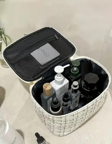 Trousse de Toilette Grande Capacité en Tweed – Élégante et Pratique