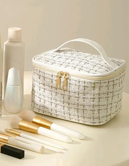 Trousse de Toilette Grande Capacité en Tweed – Élégante et Pratique