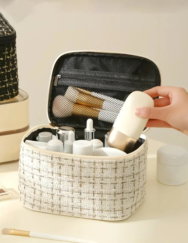 Trousse de Toilette Grande Capacité en Tweed – Élégante et Pratique