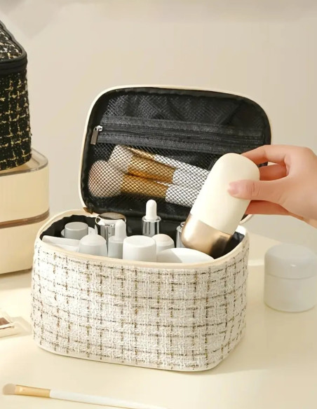 Trousse de Toilette Grande Capacité en Tweed – Élégante et Pratique