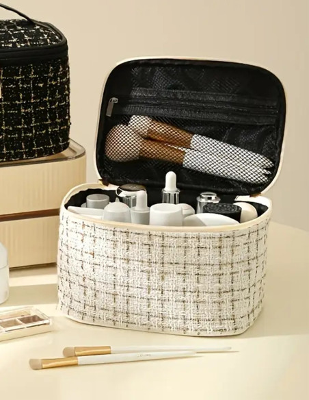 Trousse de Toilette Grande Capacité en Tweed – Élégante et Pratique
