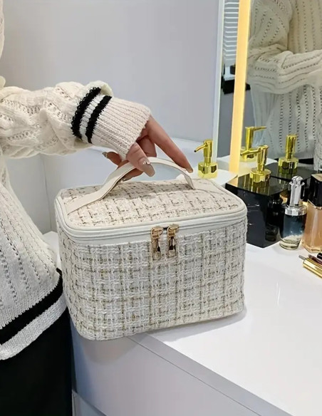 Trousse de Toilette Grande Capacité en Tweed – Élégante et Pratique