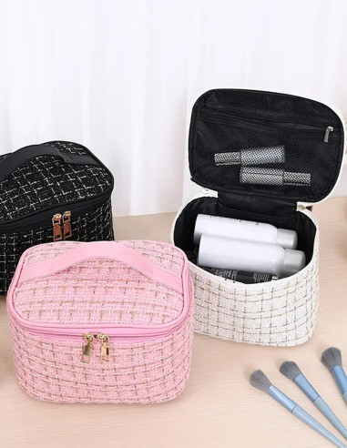 Trousse de Toilette Grande Capacité en Tweed – Élégante et Pratique