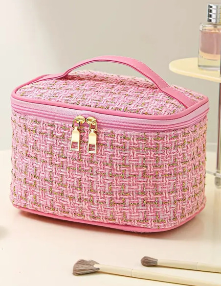 Trousse de Toilette Grande Capacité en Tweed – Élégante et Pratique