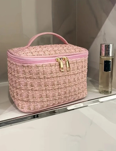 Trousse de Toilette Grande Capacité en Tweed – Élégante et Pratique