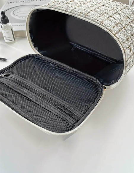 Trousse de Toilette Grande Capacité en Tweed – Élégante et Pratique