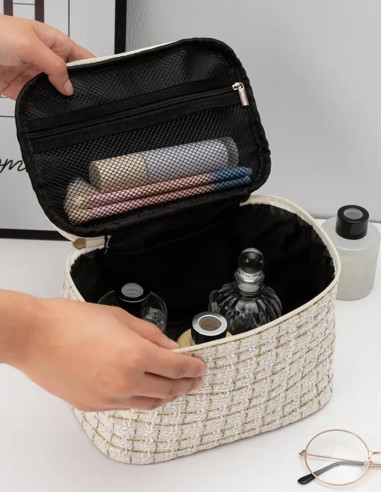 Trousse de Toilette Grande Capacité en Tweed – Élégante et Pratique