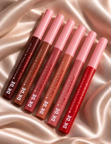 Gamme de feutres à lèvres Ink Crush alignés sur satin, teintes roses, nude, marron et rouge
